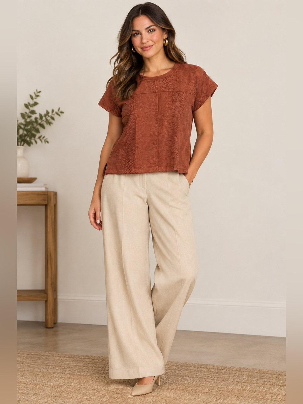 Mystree Short Sleeve Faux-Suede Tee in Rust Brown